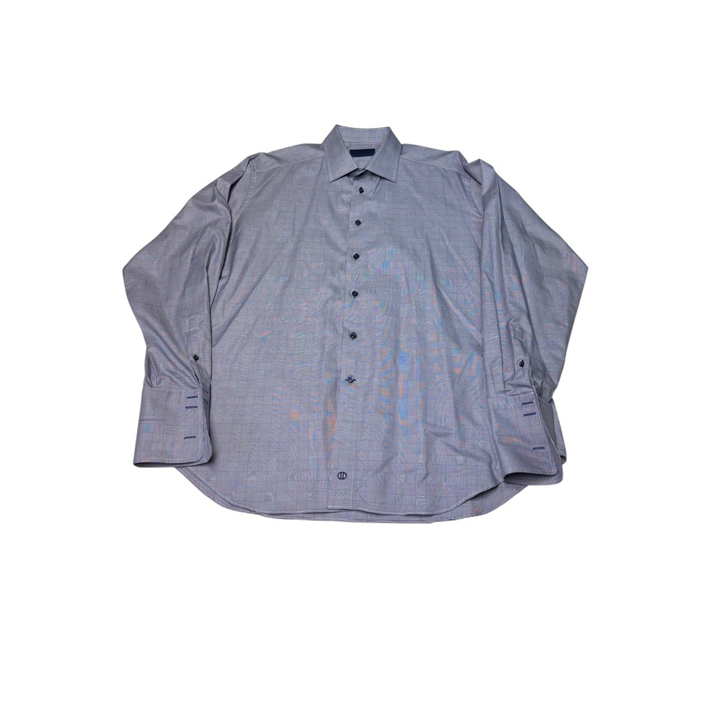 David Donahue Mens Blue Glen Plaid Cotton Dress Shirt 18 36/37 French Cuff‎